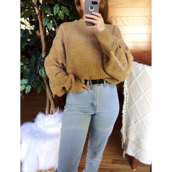 Vintage Sweaters - 🌿 Vintage Caramel Tan Chenille Cozy Knit Sweater
